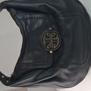 Tory Burch Amanda Flat Hobo Black Leather Shoulder Bag with Gold Accent